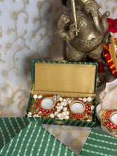 Load image into Gallery viewer, Leheriya Box Hamper - Contains Two Green Mina Kari Diyas with option to add sweets
