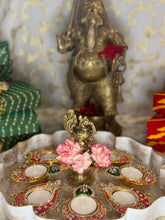 Load image into Gallery viewer, Leheriya Box Hamper - Contains Two Red Mina Kari Diyas with option to add sweets
