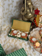 Load image into Gallery viewer, Leheriya Box Hamper - Contains Two Green Mina Kari Diyas with option to add sweets
